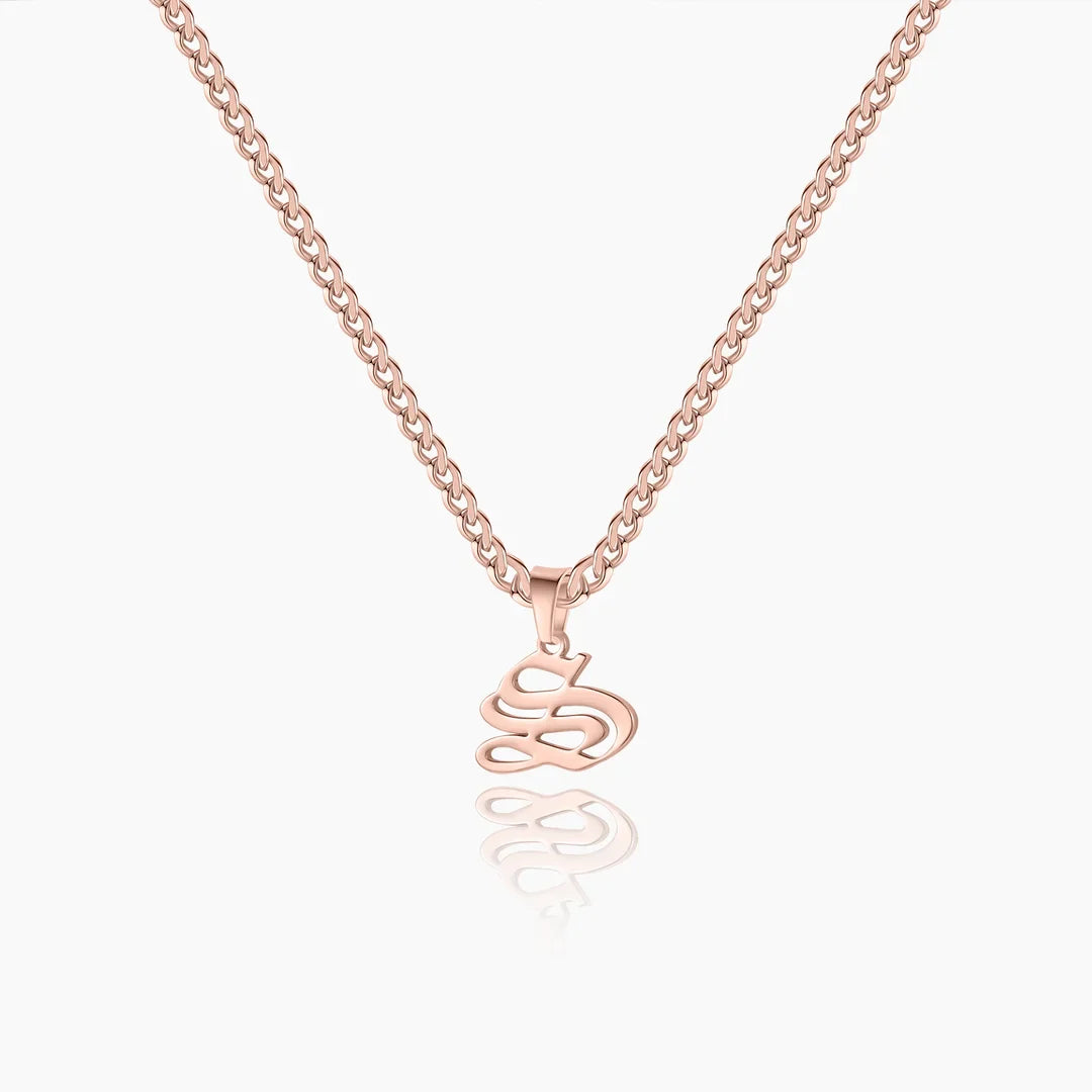 Old English Initial Necklace with Cuban Chain in Rose Gold - Letter S