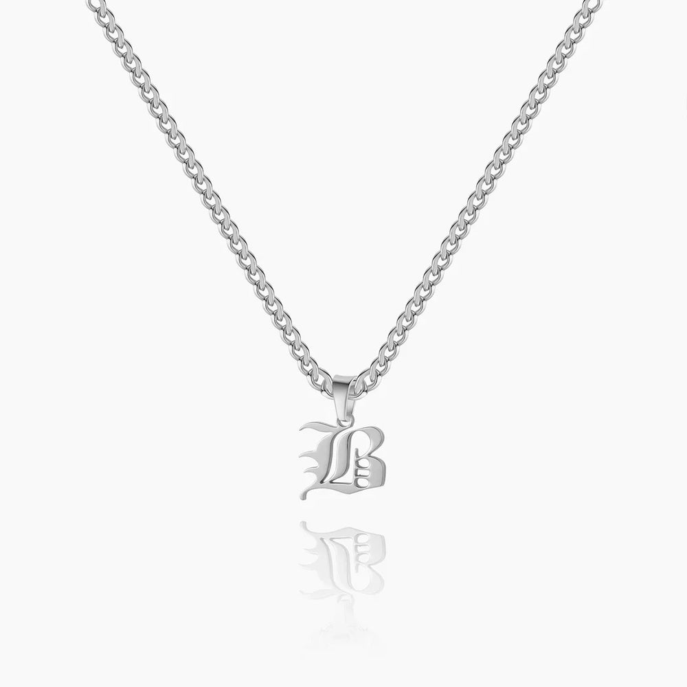 Old English Initial Necklace with Cuban Chain in Silver - Letter B