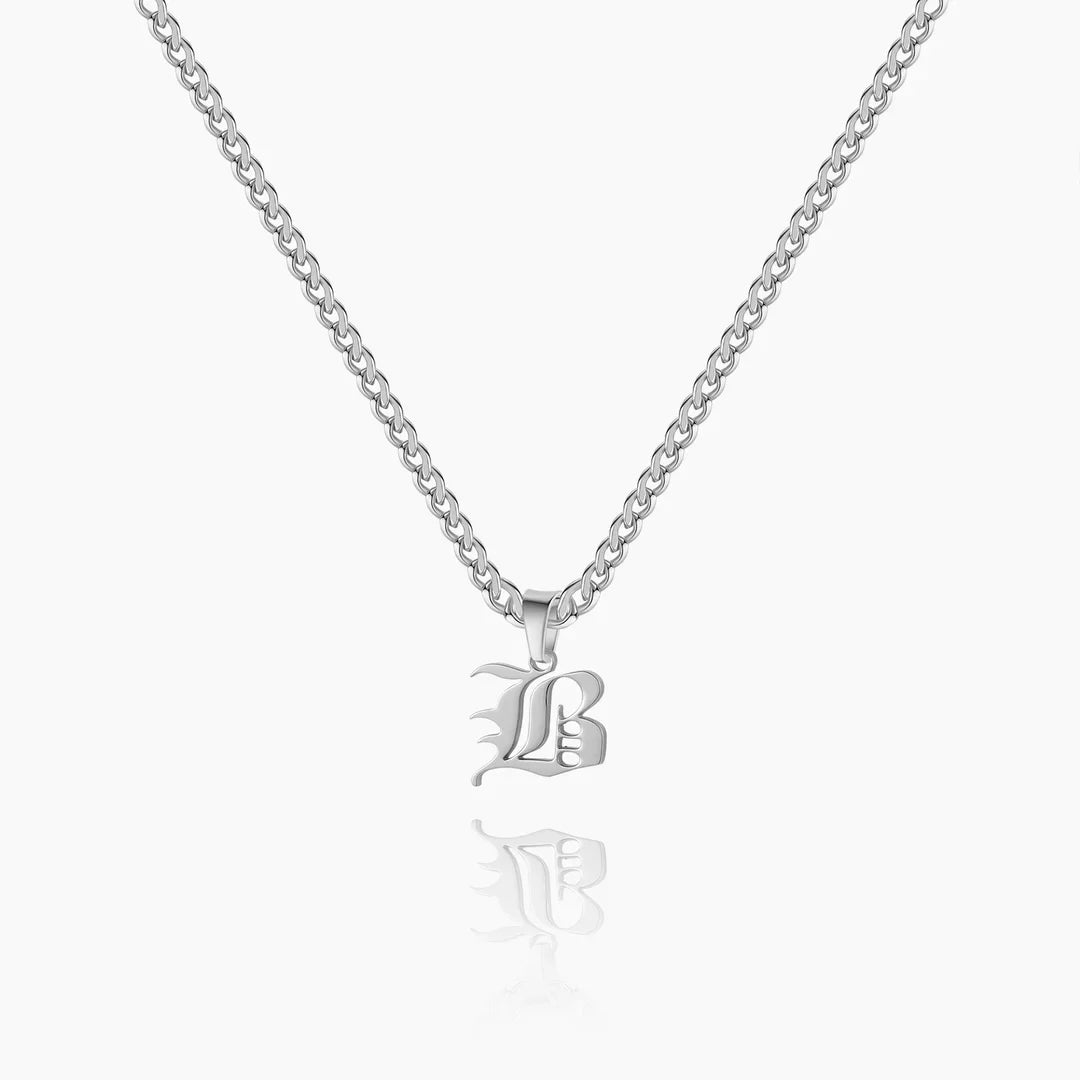 Old English Initial Necklace with Cuban Chain in Silver - Letter B