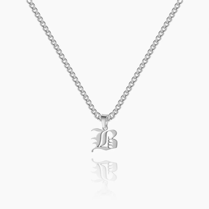 Old English Initial Necklace with Cuban Chain in Silver - Letter B