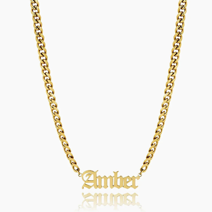 Old English name necklace with Cuban chain in gold, front view