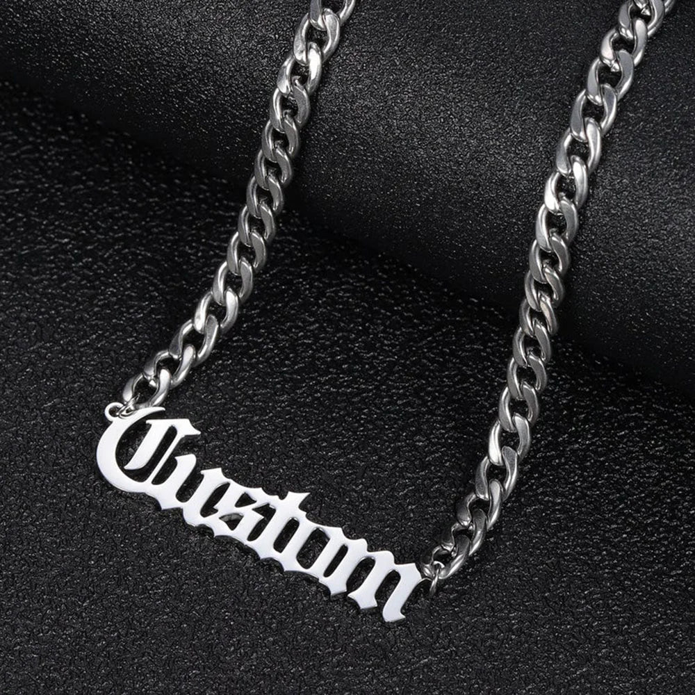 Old English name necklace with Cuban chain in silver, close-up view