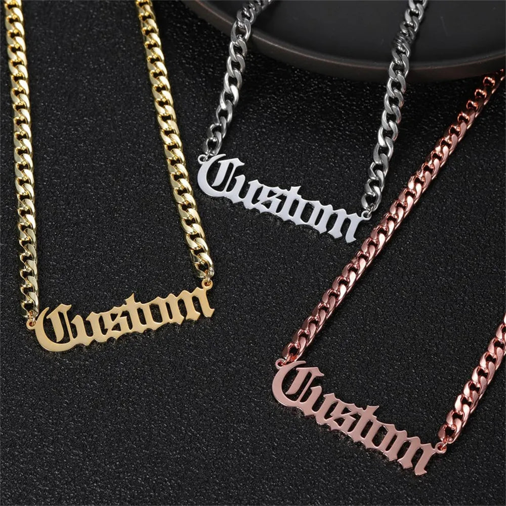 Old English name necklace with Cuban chain in gold, silver, and rose gold