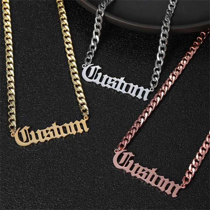 Old English name necklace with Cuban chain in gold, silver, and rose gold