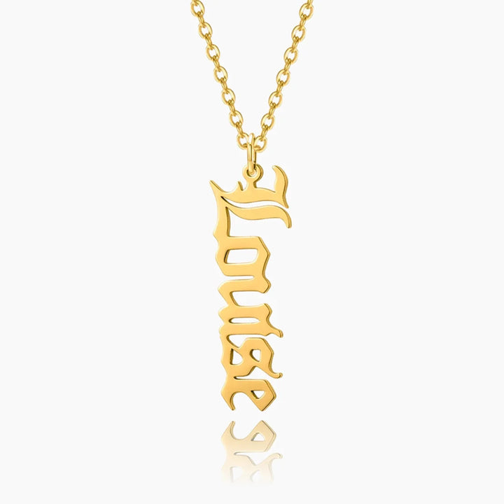 Gold vertical Old English name necklace spelling "Louise".