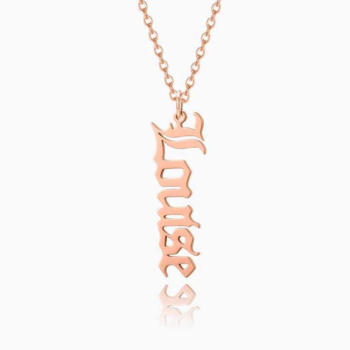 Rose gold vertical Old English name necklace spelling "Louise".