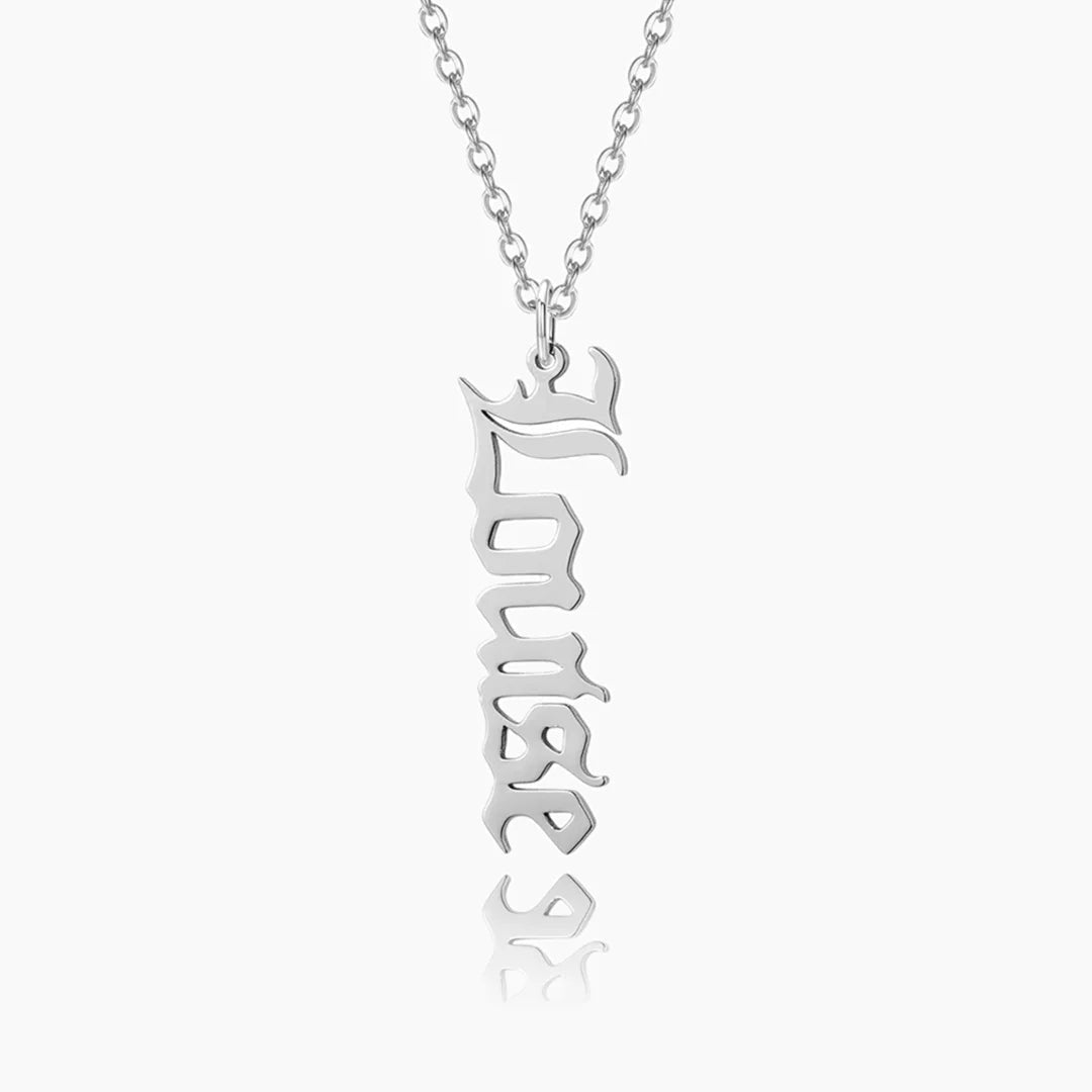 Silver vertical Old English name necklace spelling "Louise".
