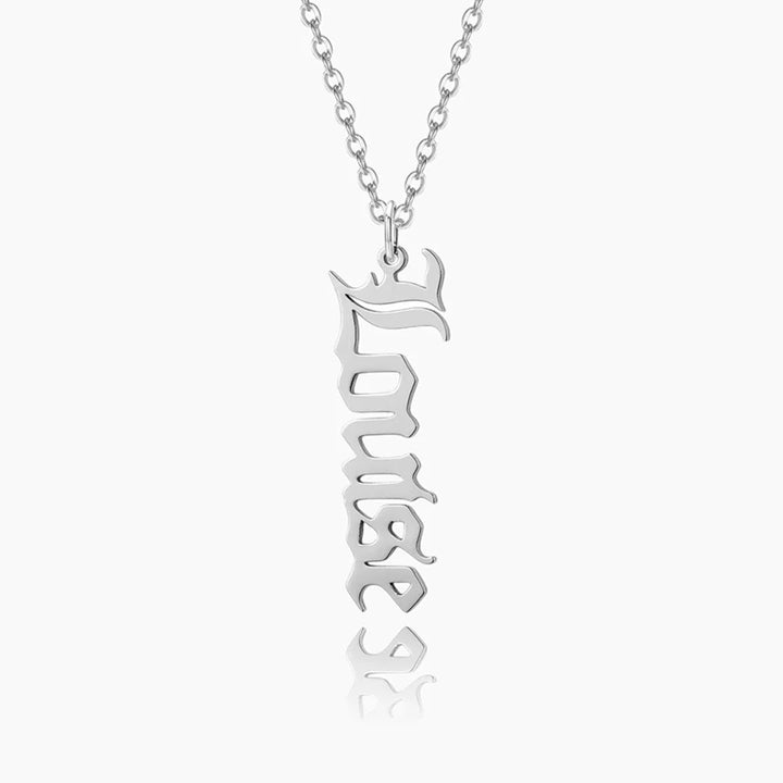 Silver vertical Old English name necklace spelling "Louise".