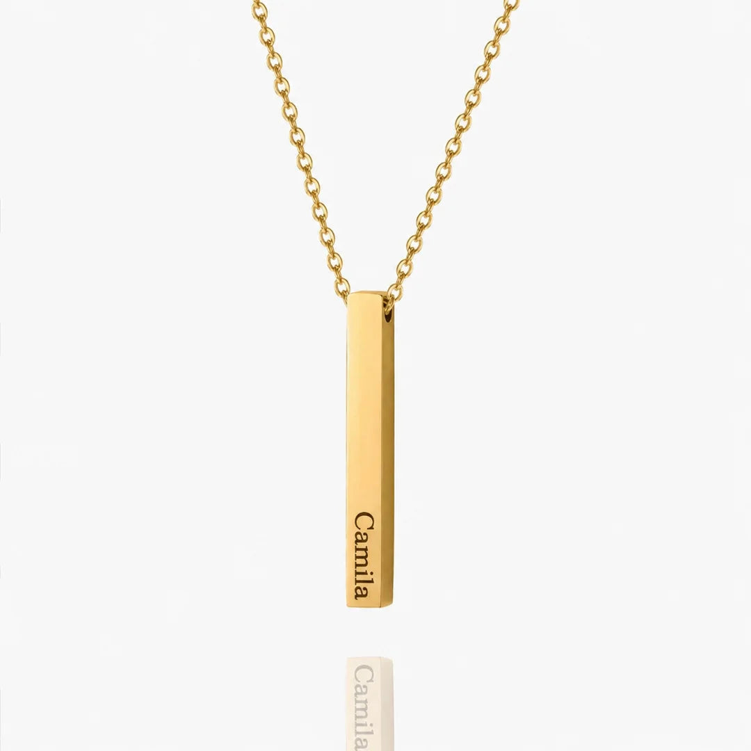 Personalized 4 sided bar name necklace in gold engraved with custom name "Camila"