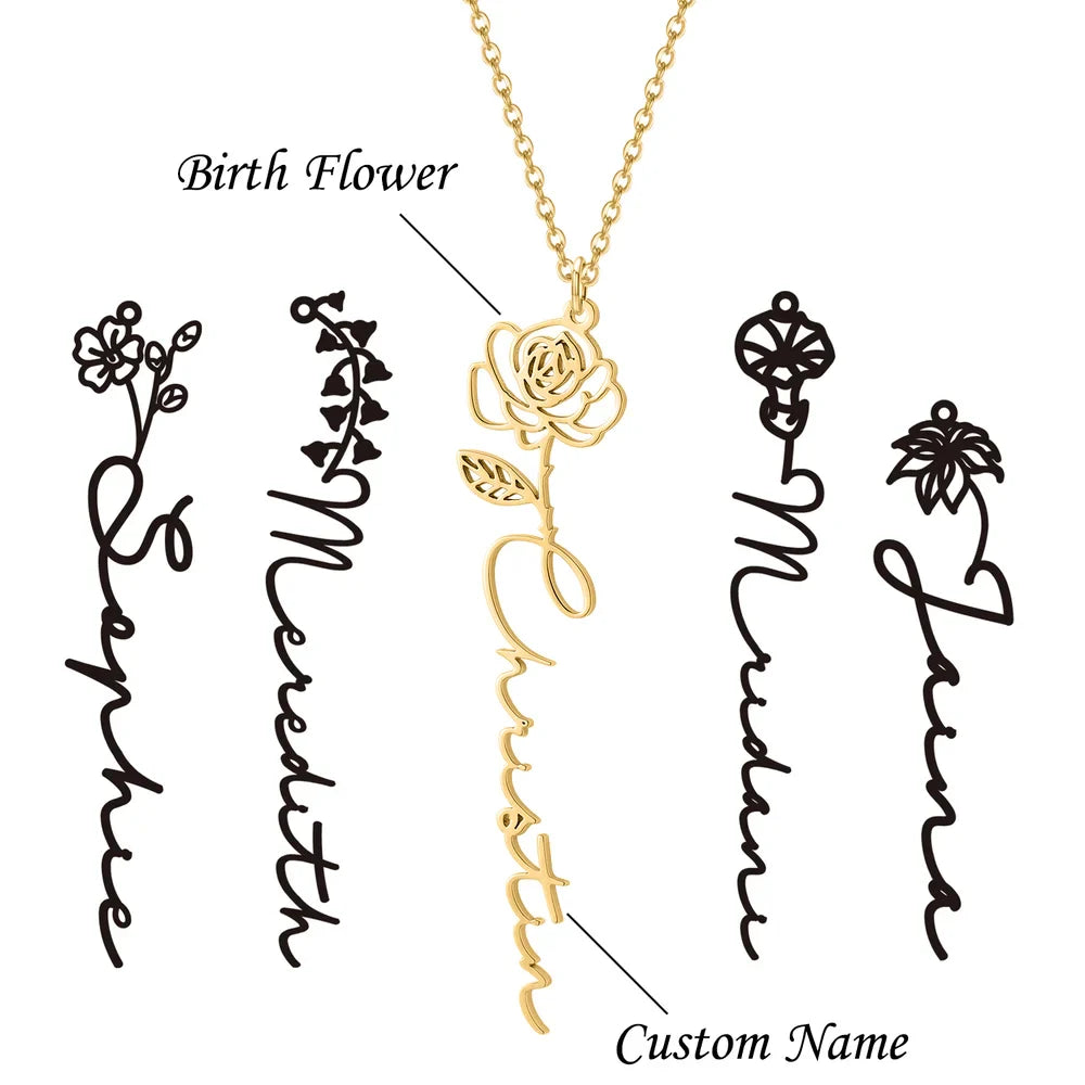 Guide image for Personalized Birth Flower Name Necklace in gold, showing different birth month flower designs with custom names like 'Sophie', 'Meredith', 'Christina', and 'Irina'. Available in gold, silver, and rose gold.