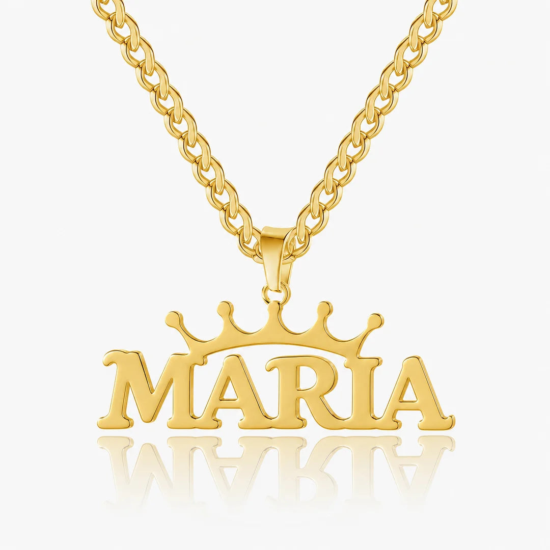 Personalized crown name necklace in gold with custom name "Maria" in bold letters on a Cuban chain