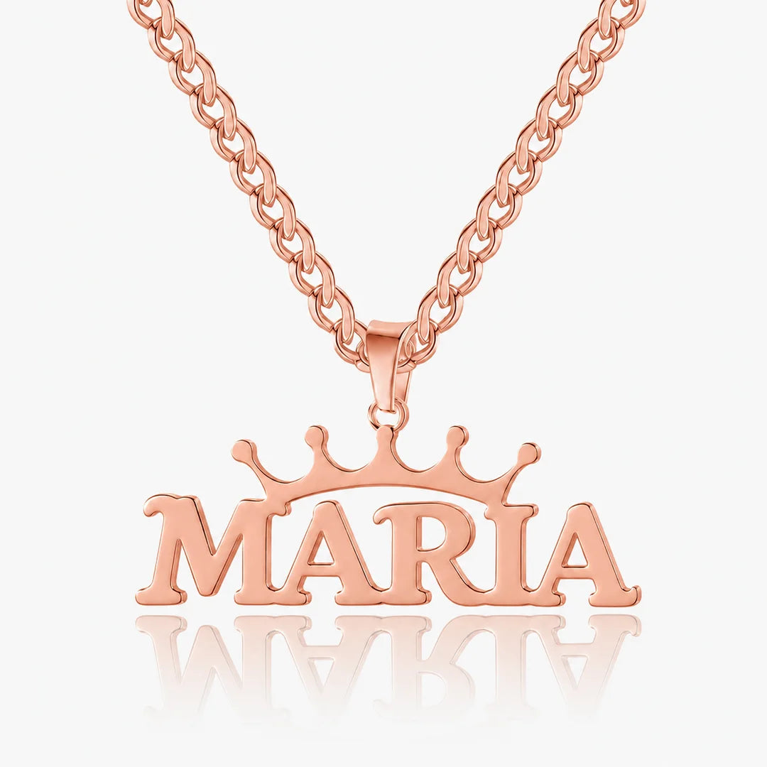 Personalized crown name necklace in rose gold with custom name "Maria" in bold letters on a Cuban chain