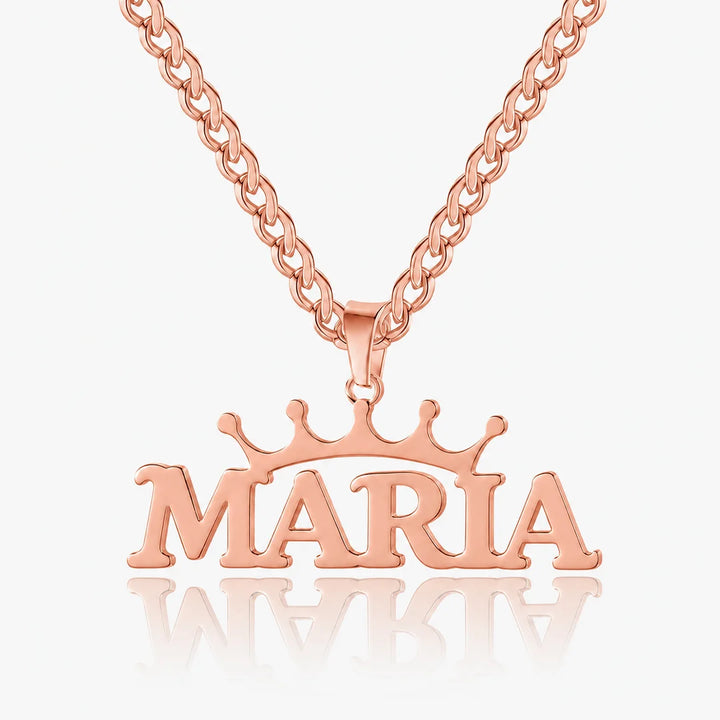 Personalized crown name necklace in rose gold with custom name "Maria" in bold letters on a Cuban chain