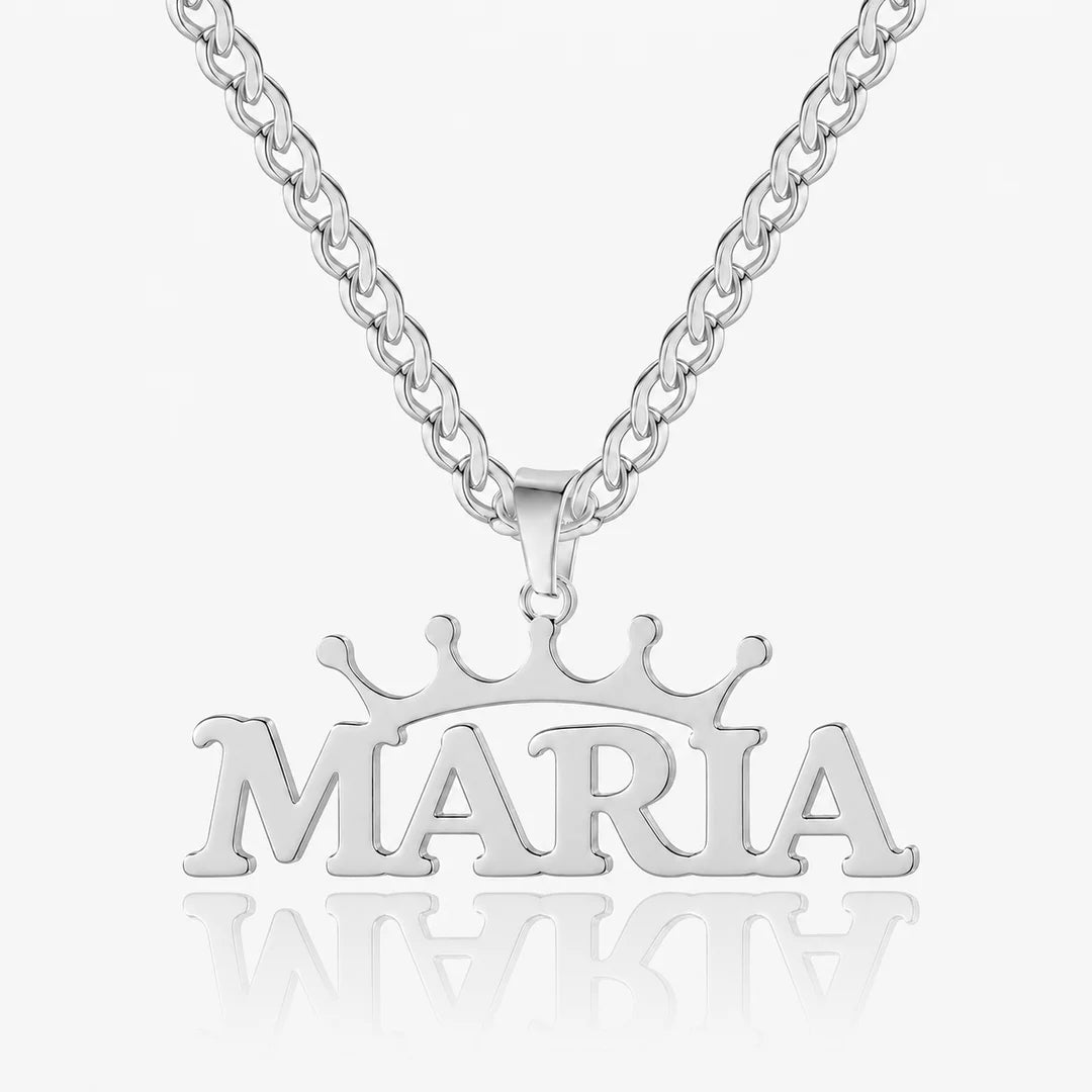 Personalized crown name necklace in silver with custom name "Maria" in bold letters on a Cuban chain