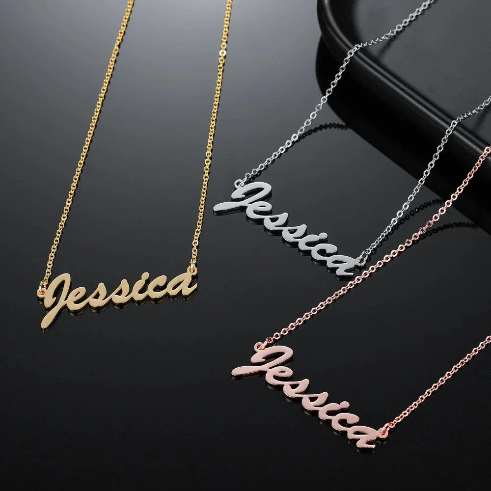 Personalized cursive name necklace in gold, silver, and rose gold options.