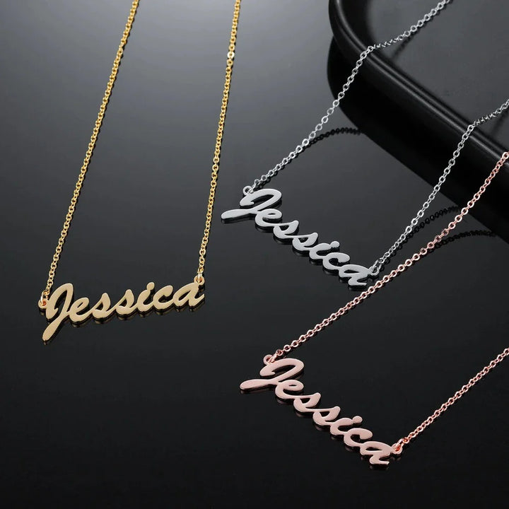 Personalized cursive name necklace in gold, silver, and rose gold options.