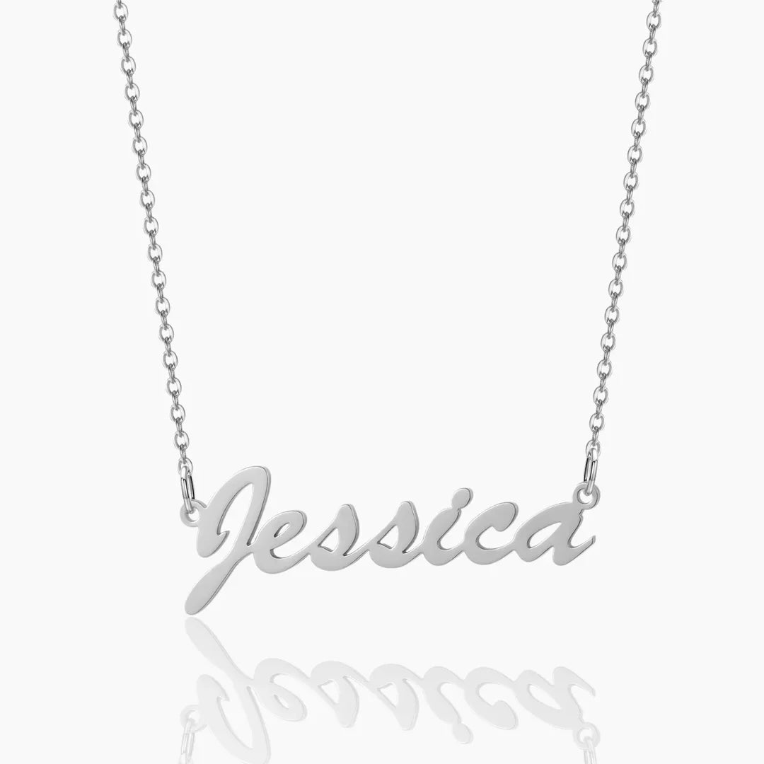 Stylish silver personalized cursive name necklace.