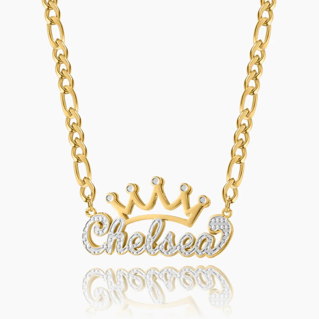 Luxurious gold personalized double plated crown name necklace.