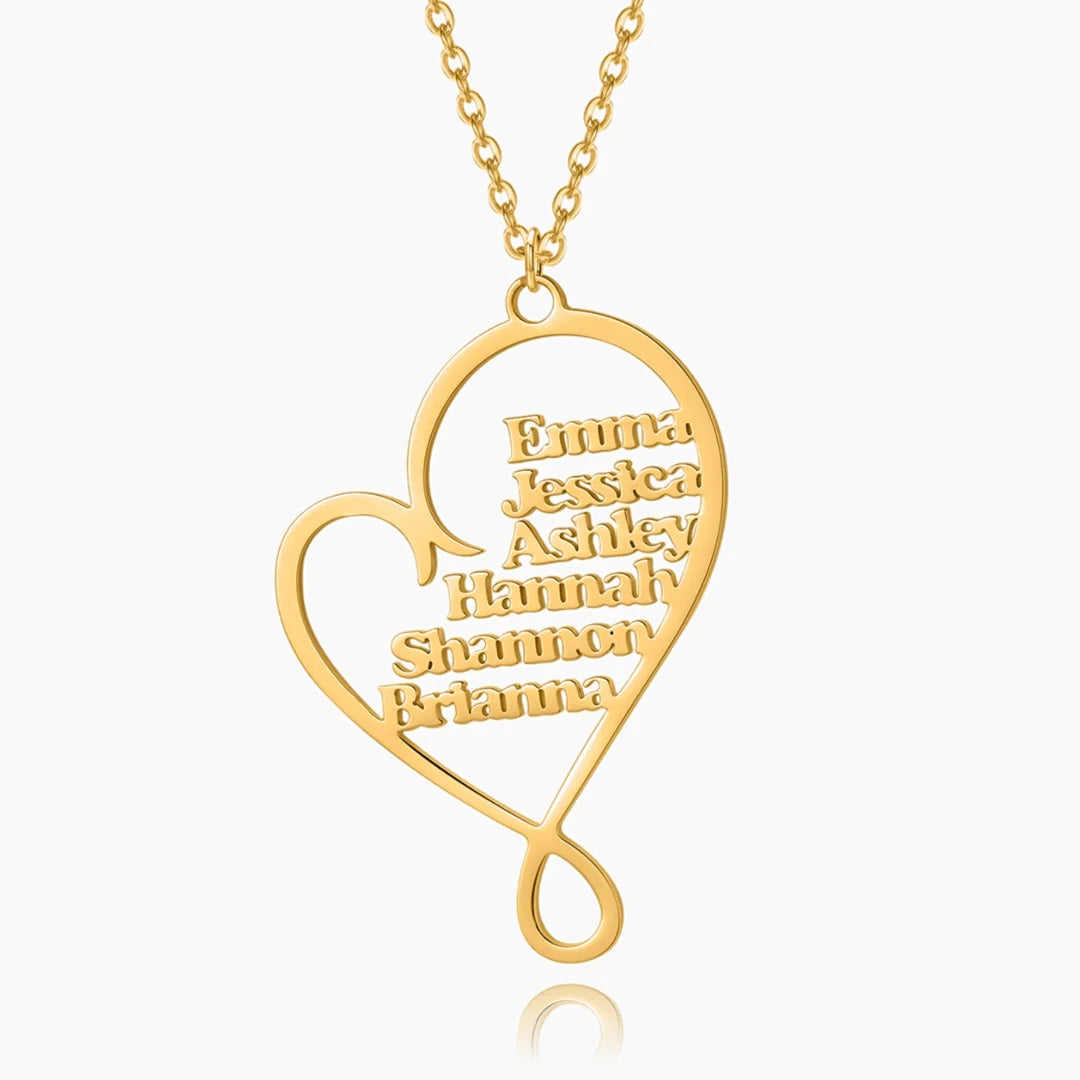 Personalized family heart necklace in gold with six custom names inside an open heart pendant