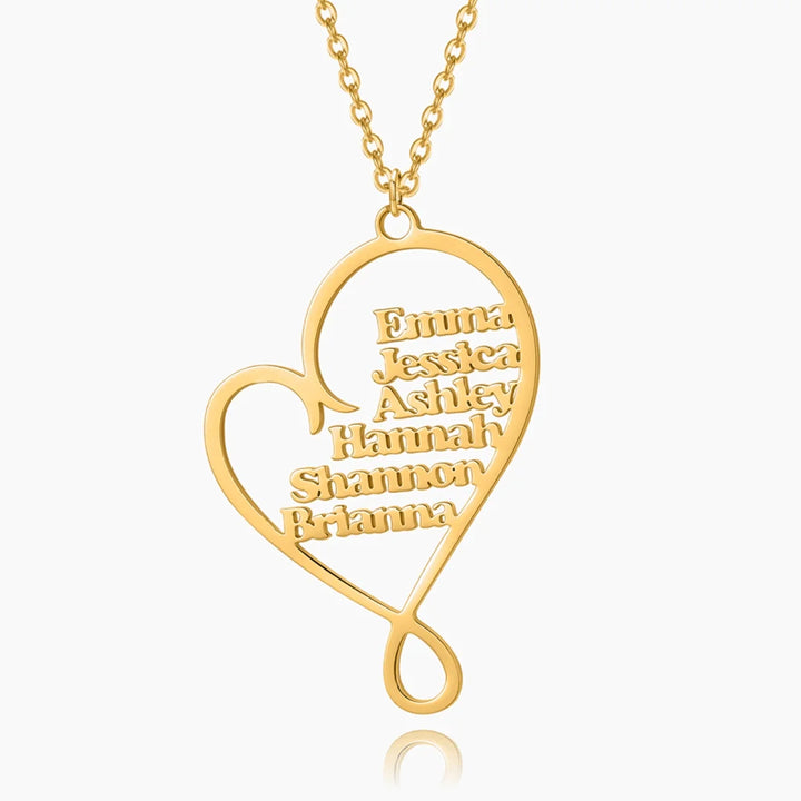 Personalized family heart necklace in gold with six custom names inside an open heart pendant