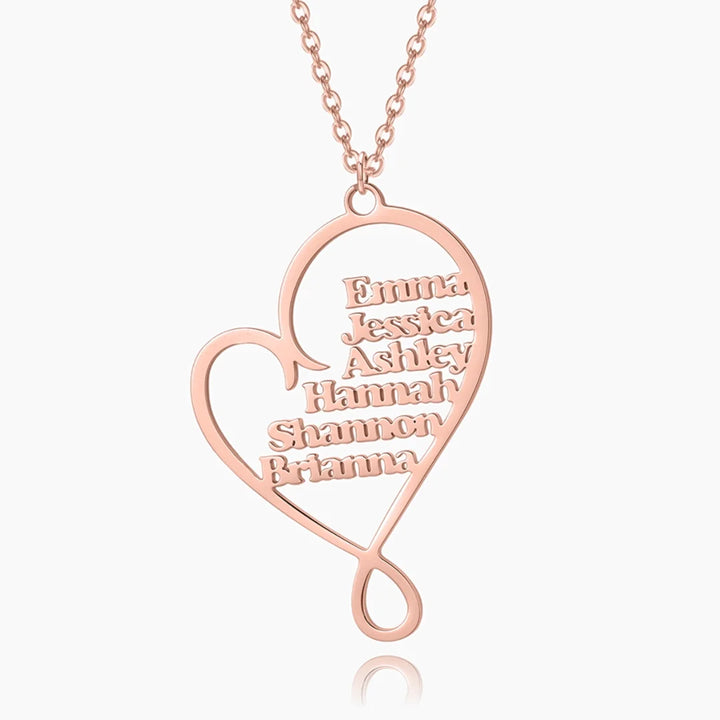 Personalized family heart necklace in rose gold with six custom names inside an open heart pendant