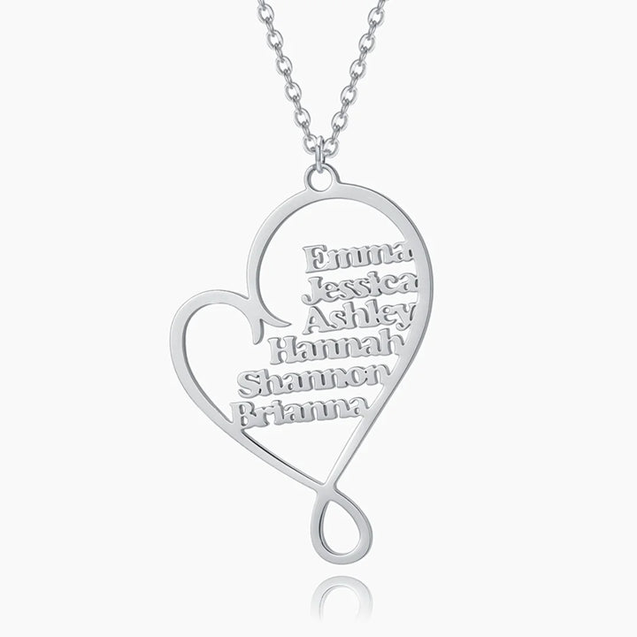 Personalized family heart necklace in silver with six custom names inside an open heart pendant
