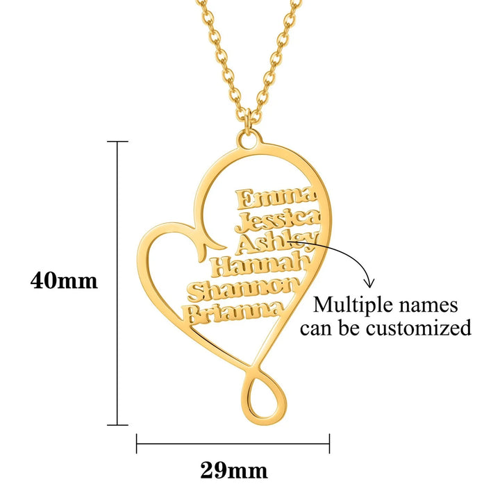 Personalized family heart necklace in gold showing pendant dimensions of 40mm by 29mm with multiple customizable names