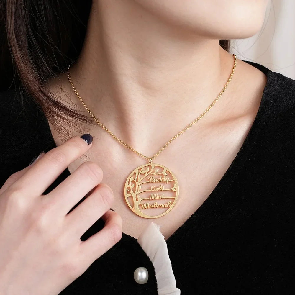 Model Wearing Gold Personalized Family Name Necklace