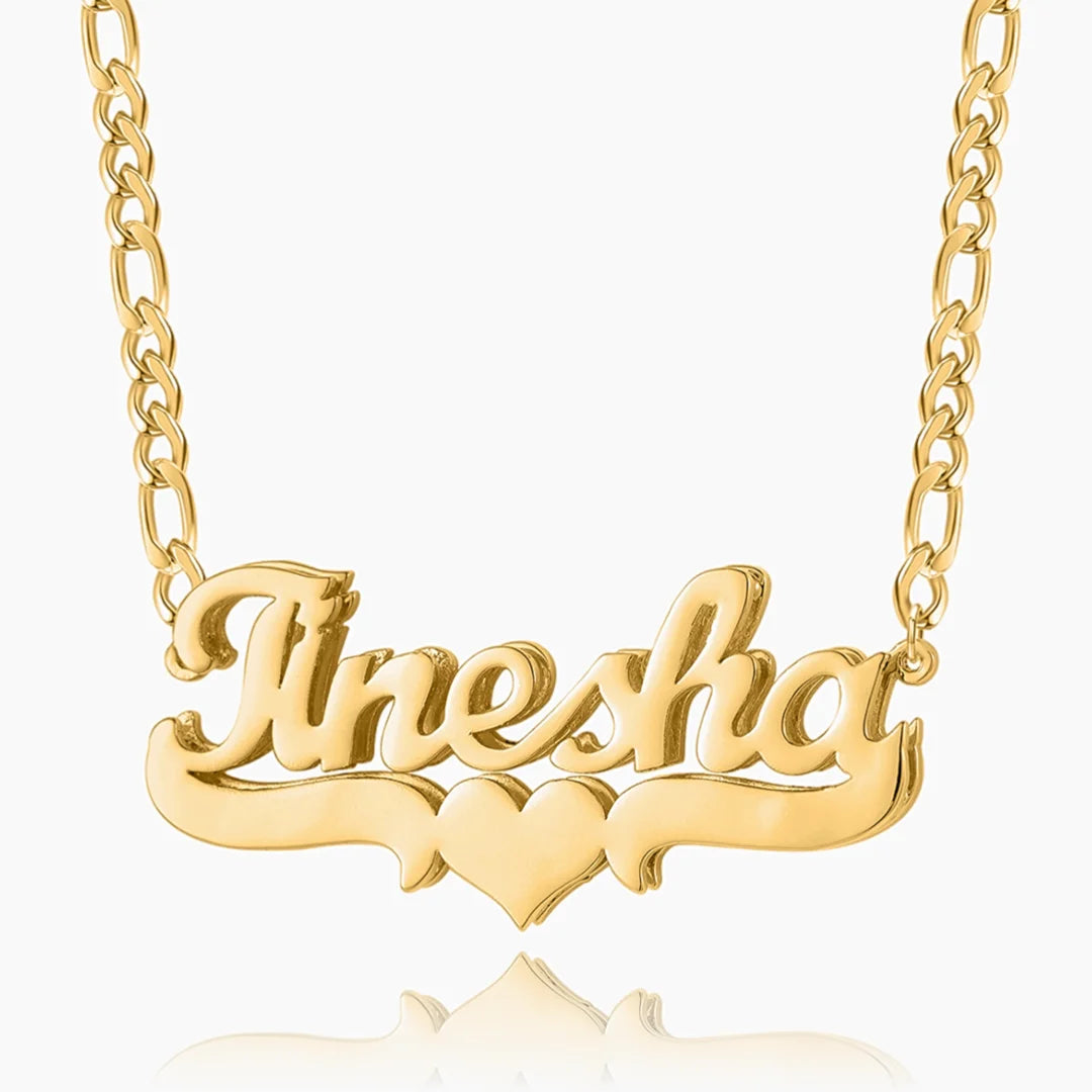 Personalized gold heart name necklace with custom Ayesha name and Figaro chain