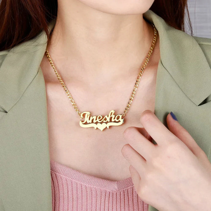 Woman wearing Personalized Heart Name Necklace in 18K Gold