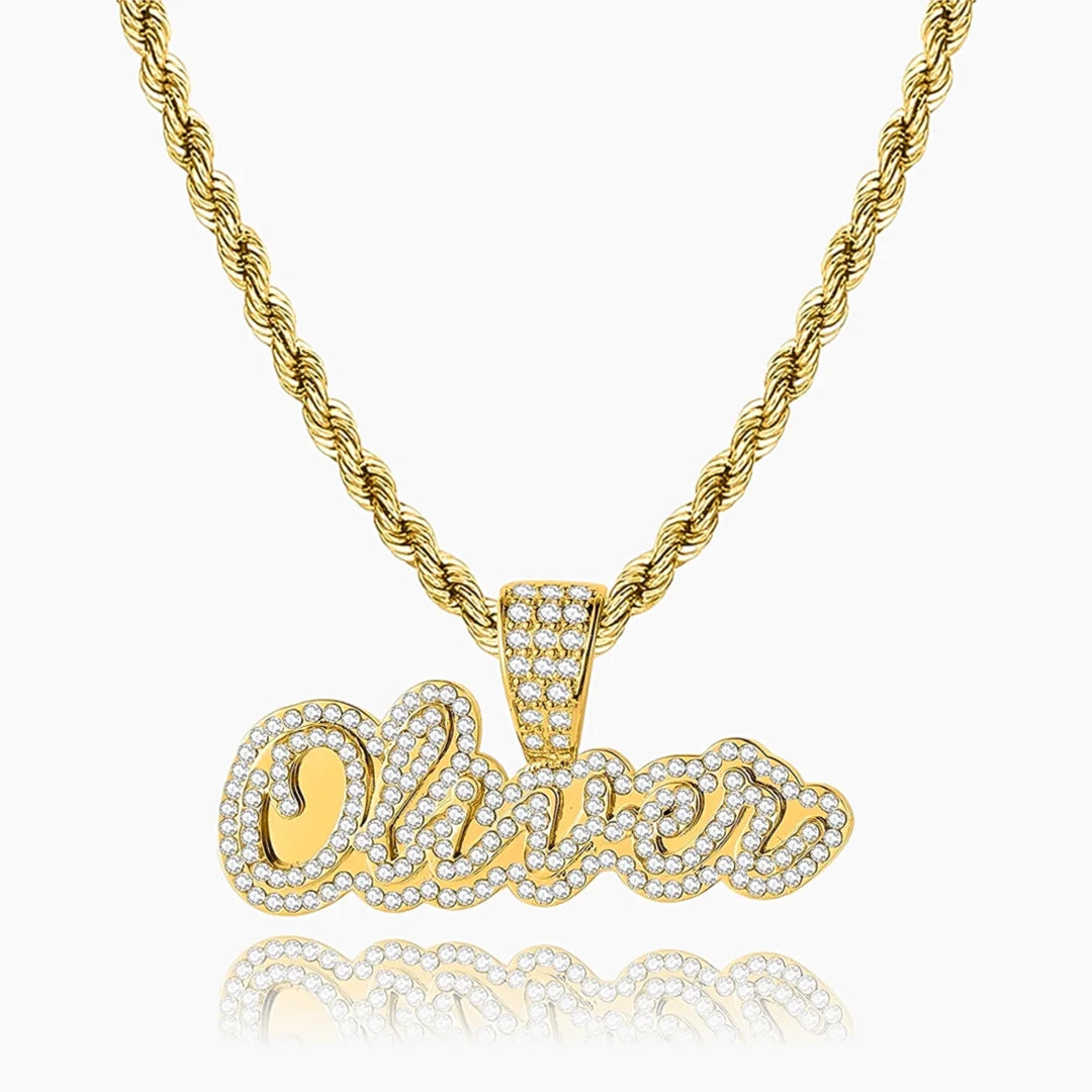 Gold Iced Cursive Name Necklace personalized with the name "Oliver"