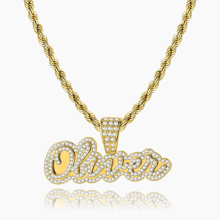 Gold Iced Cursive Name Necklace personalized with the name "Oliver"