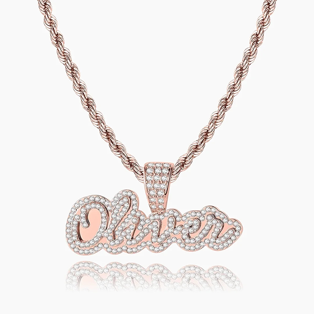 Rose Gold Iced Cursive Name Necklace personalized with the name "Oliver"
