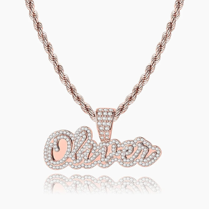 Rose Gold Iced Cursive Name Necklace personalized with the name "Oliver"