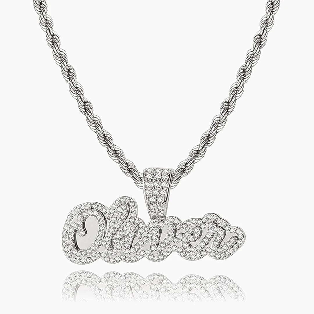 Silver Iced Cursive Name Necklace personalized with the name "Oliver"