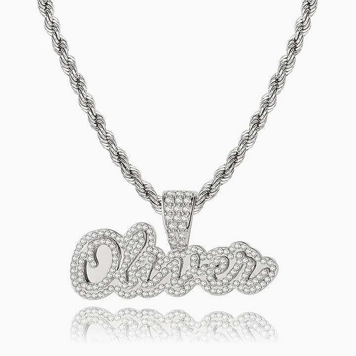 Silver Iced Cursive Name Necklace personalized with the name "Oliver"