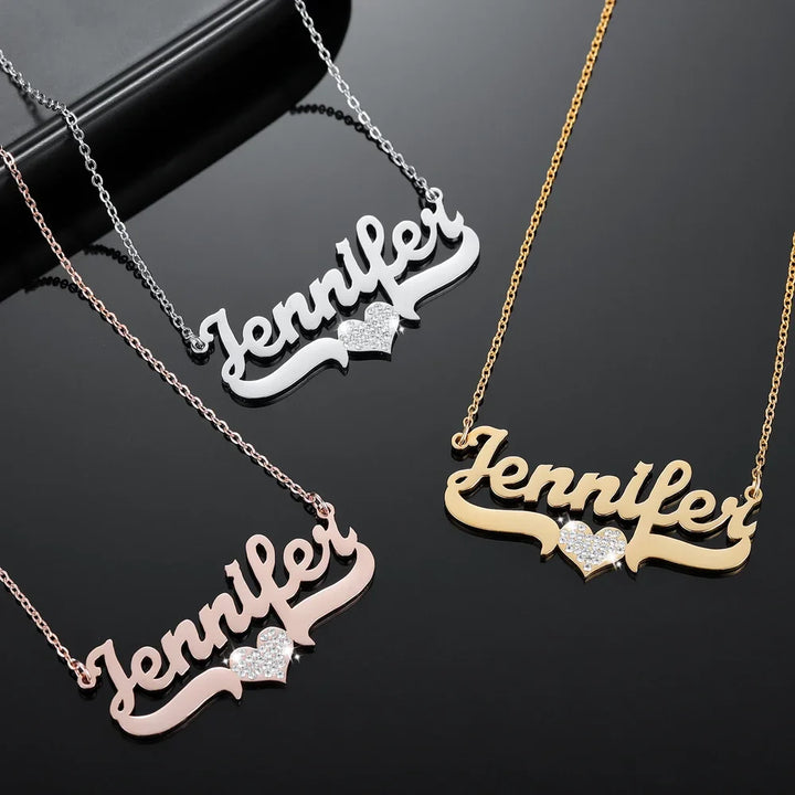  Collection of Personalized Iced Heart Name Necklaces in Gold, Silver, and Rose Gold