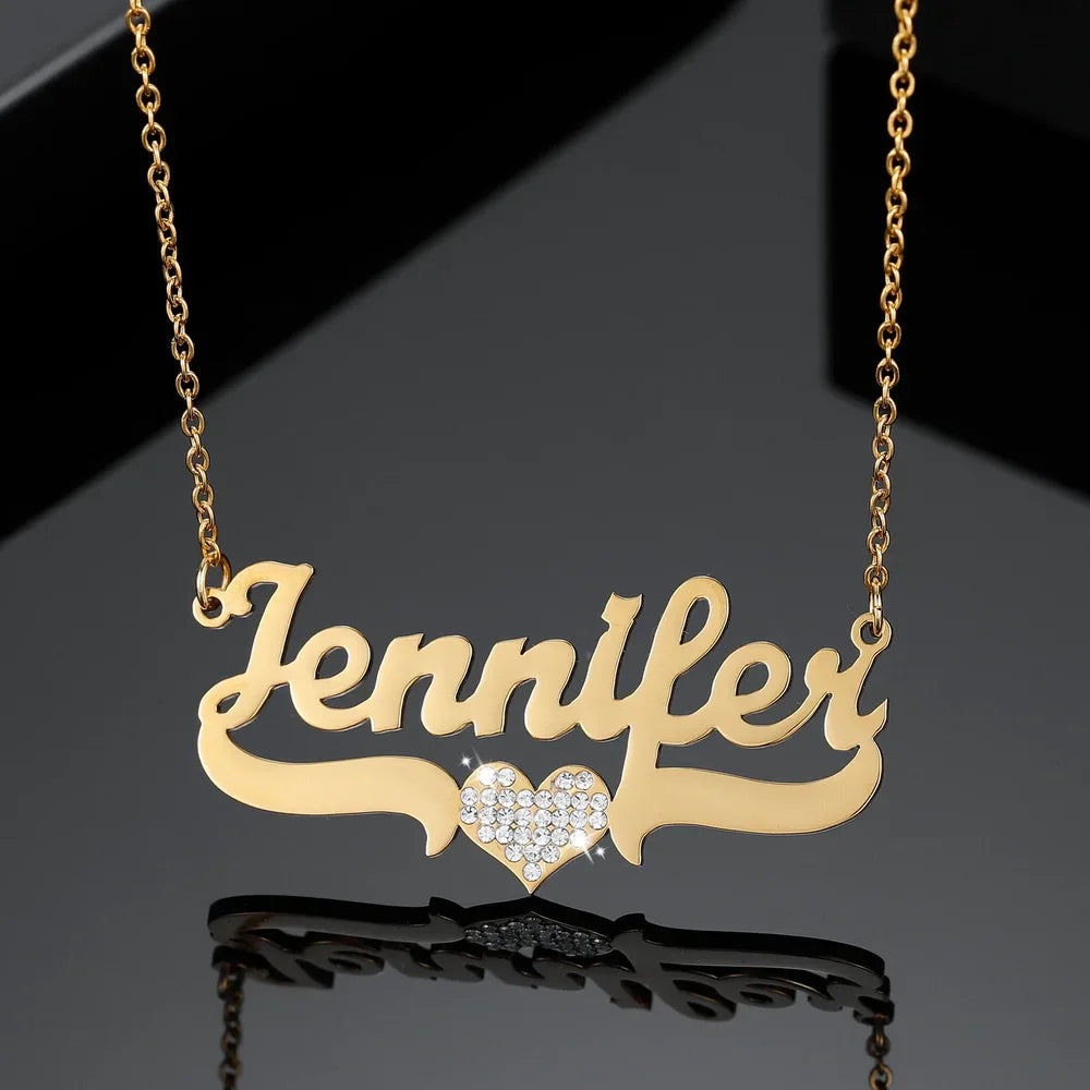 Display of Personalized Iced Heart Name Necklace in Gold