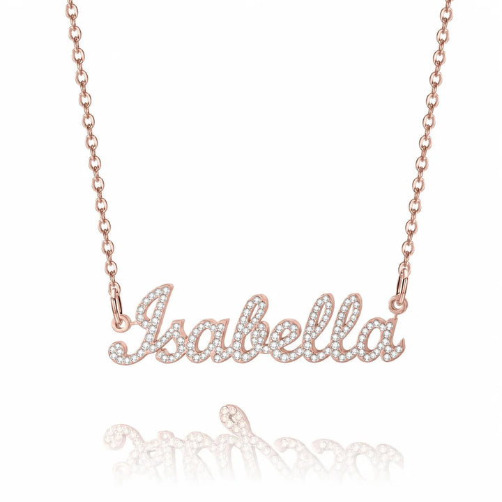 Personalized Iced Name Necklace with "Isabella" in rose gold.