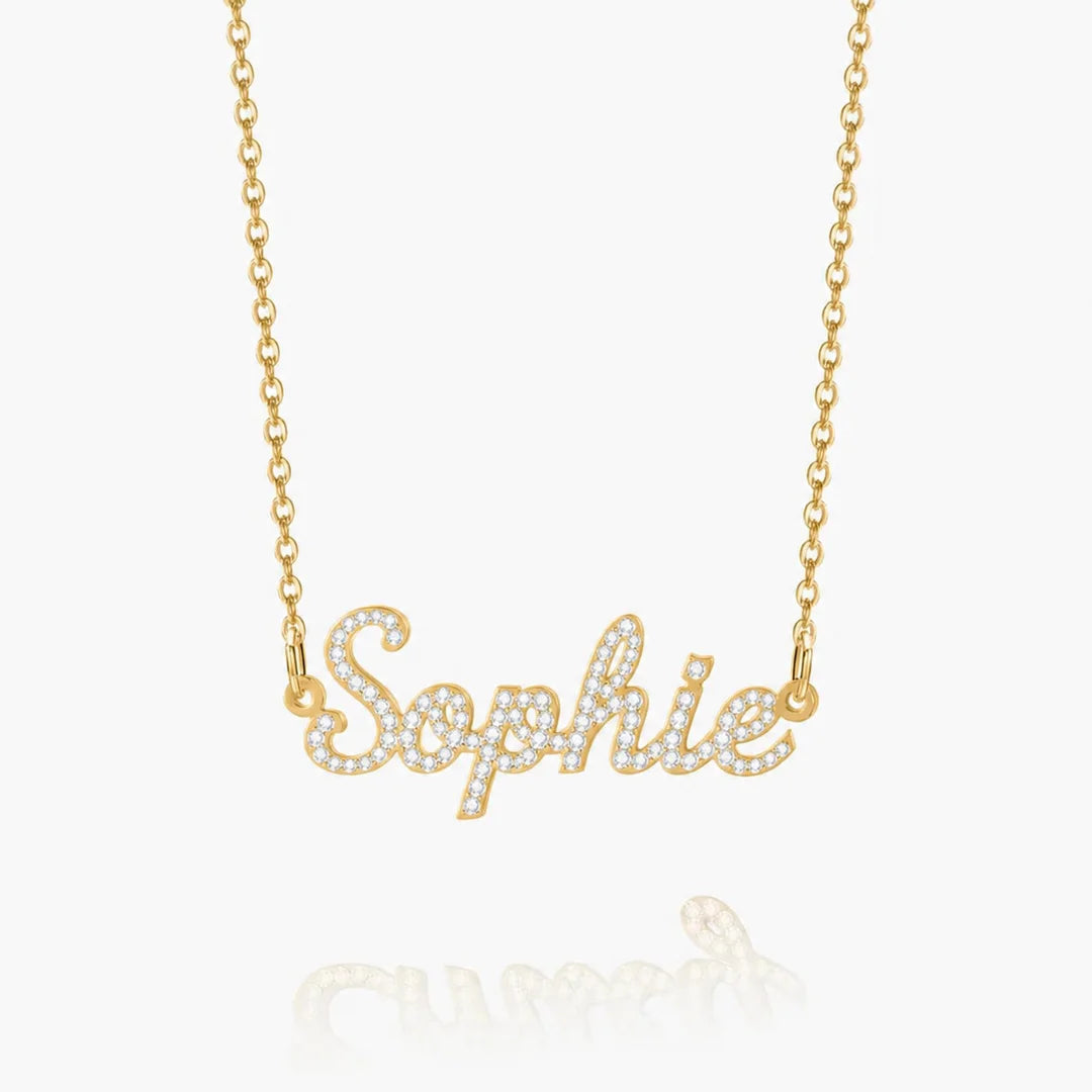 Personalized Iced Name Necklace with "Sophie" in gold on a Link chain.