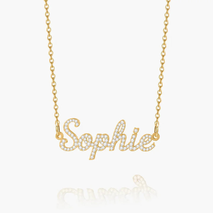 Personalized Iced Name Necklace with "Sophie" in gold on a Link chain.