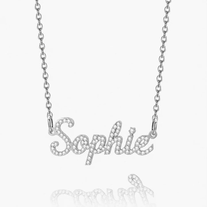 Personalized Iced Name Necklace with "Sophie" in silver.