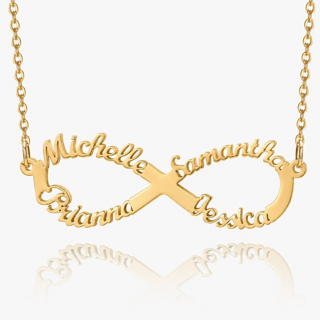 Personalized infinity name necklace in gold with four custom names arranged in an infinity symbol
