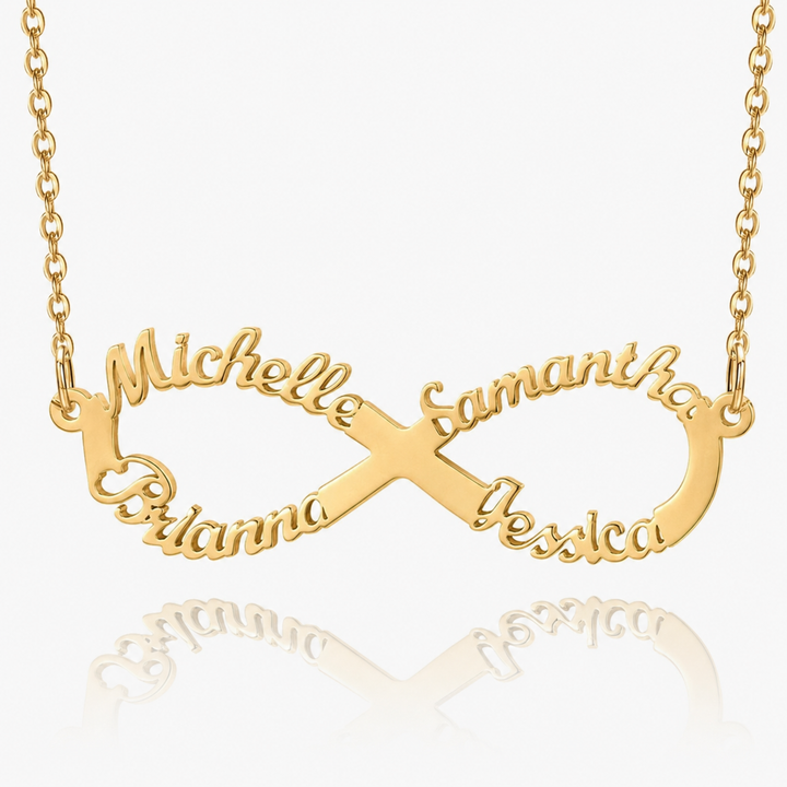 Personalized infinity name necklace in gold with four custom names arranged in an infinity symbol