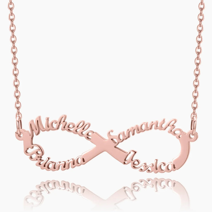 Personalized infinity name necklace in rose gold with four custom names arranged in an infinity symbol