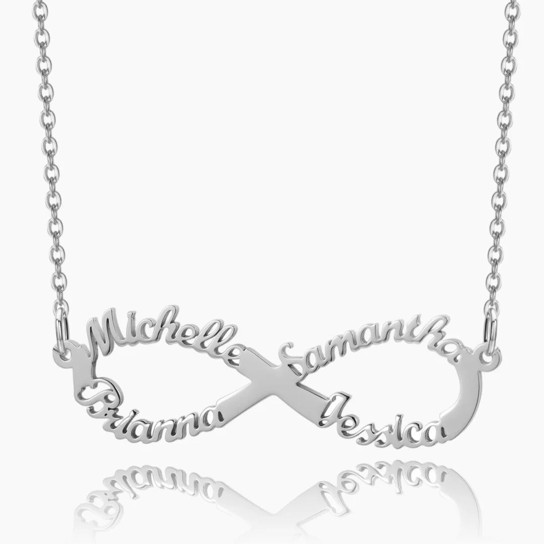 Personalized infinity name necklace in silver with four custom names arranged in an infinity symbol