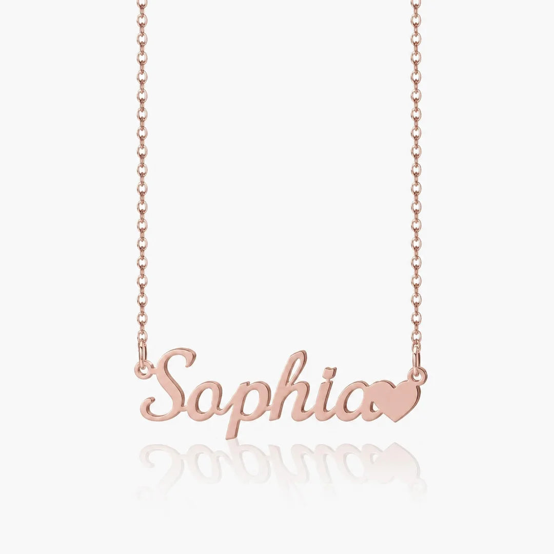 Personalized name necklace with heart charm in rose gold with custom name "Sophia"