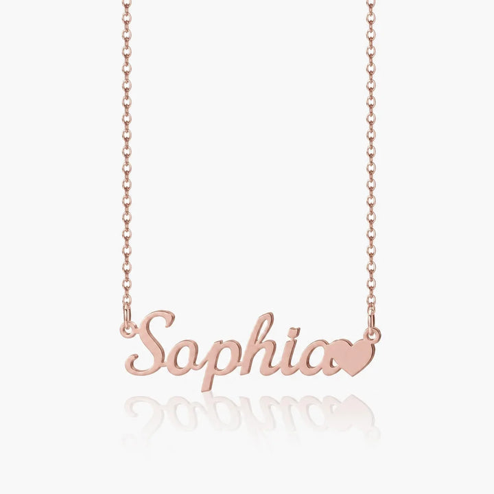 Personalized name necklace with heart charm in rose gold with custom name "Sophia"
