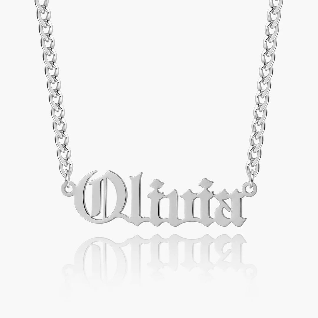 Personalized old english name necklace in silver with custom name "Olivia" on a Cuban chain