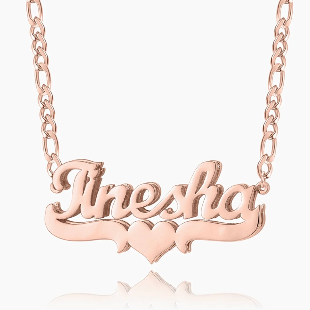 Personalized rose gold heart name necklace with Ayesha name and Figaro chain